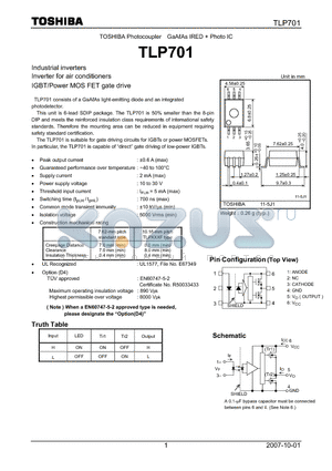 TLP701 datasheet - IGBT/Power MOS FET gate drive