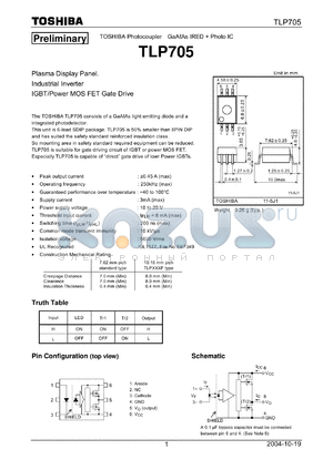 TLP705 datasheet - Plasma Display Panel. Industrial Inverter IGBT/Power MOS FET Gate Drive