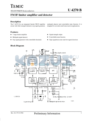 U4270B-CFSG3 datasheet - FM IF limiter amplifier and detector