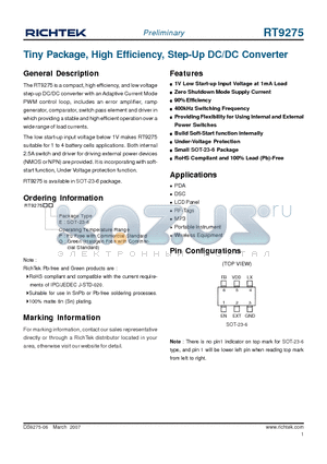 RT9275PE datasheet - Tiny Package, High Efficiency, Step-Up DC/DC Converter