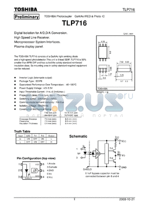 TLP716 datasheet - TOSHIBA Photocoupler GaAlAs IRED & Photo- IC