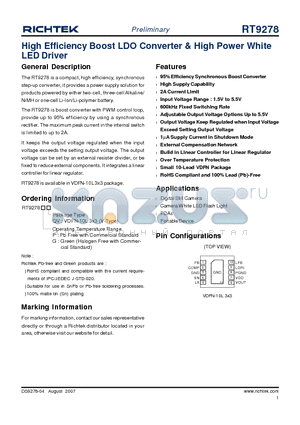 RT9278 datasheet - High Efficiency Boost LDO Converter & High Power White LED Driver