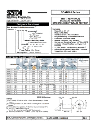 SDAD101 datasheet - STANDARD RECOVERY STACKABLE HIGH VOLTAGE RECTIFIER