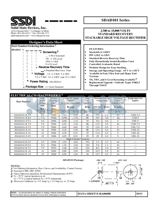 SDAD101B5.0 datasheet - 2,500 to 15,000 VOLTS STANDARD RECOVERY STACKABLE HIGH VOLTAGE RECTIFIER