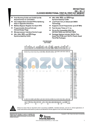 SN74ACT3622PQ datasheet - 256  36  2 CLOCKED BIDIRECTIONAL FIRST-IN, FIRST-OUT MEMORY