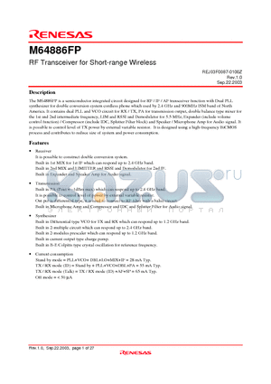 REJ03F0087-0100Z datasheet - RF Transceiver for Short-range Wireless