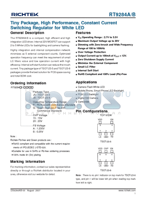 RT9284B20PJ6 datasheet - Tiny Package, High Performance, Constant Current Switching Regulator for White LED