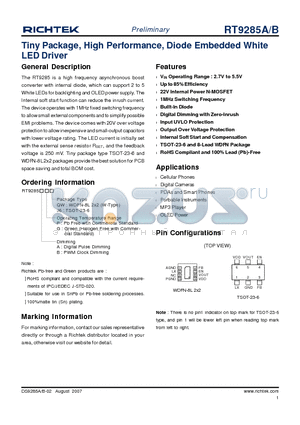 RT9285BGJ6 datasheet - Tiny Package, High Performance, Diode Embedded White LED Driver