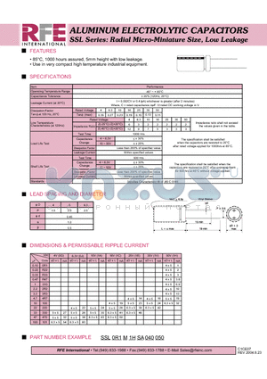 SSL0R1M1HSA040050 datasheet - ALUMINUM ELECTROLYTIC CAPACITORS SSL Series: Radial Micro-Miniature Size, Low Leakage