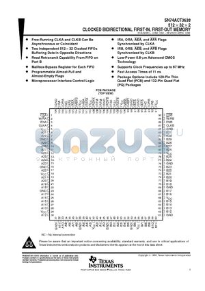 SN74ACT3638PQ datasheet - 512  32  2 CLOCKED BIDIRECTIONAL FIRST-IN, FIRST-OUT MEMORY