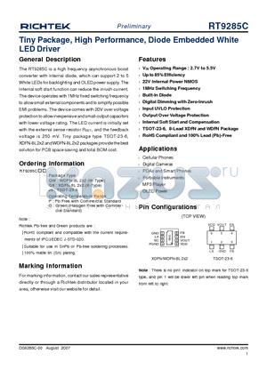 RT9285CGQW datasheet - Tiny Package, High Performance, Diode Embedded White LED Driver