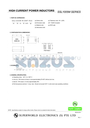 SSL1005M-85NMF-R39 datasheet - HIGH CURRENT POWER INDUCTORS