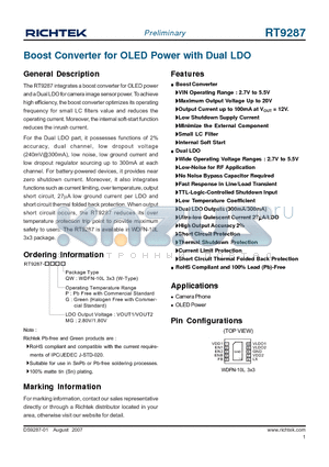 RT9287 datasheet - Boost Converter for OLED Power with Dual LDO