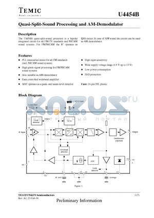 U4454B datasheet - Quasi-Split-Sound Processing and AM-Demodulator