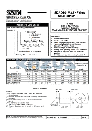 SDAD101M7.5HF datasheet - Hyper Fast Recovery STACKABLE HIGH VOLTAGE RECTIFIER