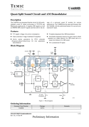 U4488B datasheet - Quasi-Split Sound Circuit and AM Demodulator