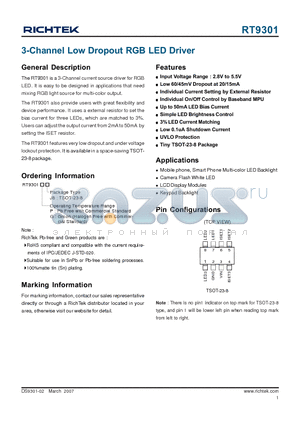 RT9301 datasheet - 3-Channel Low Dropout RGB LED Driver