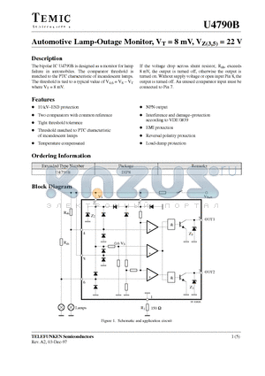 U4790B datasheet - Automotive Lamp-Outage Monitor, VT = 8 mV, VZ(3,5) = 22 V