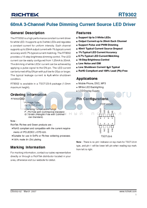 RT9302 datasheet - 60mA 3-Channel Pulse Dimming Current Source LED Driver