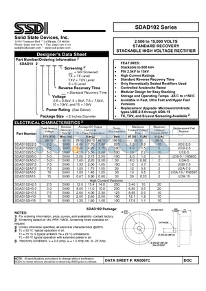 SDAD102A10 datasheet - STANDARD RECOVERY STACKABLE HIGH VOLTAGE RECTIFIER