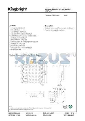 TA40-11GWA datasheet - 101.6mm (4.0 INCH) 5x7 DOT MATRIX DISPLAY