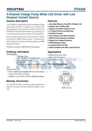 RT9368 datasheet - 4-Channel Charge Pump White LED Driver with Low Dropout Current Source