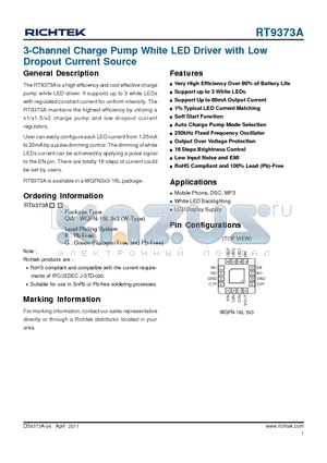 RT9373A datasheet - 3-Channel Charge Pump White LED Driver with Low Dropout Current Source