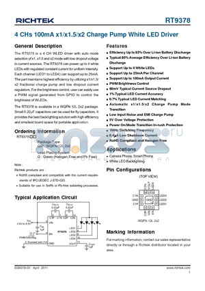 RT9378 datasheet - 4 CHs 100mA x1/x1.5/x2 Charge Pump White LED Driver