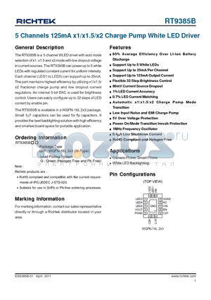 RT9385B datasheet - 5 Channels 125mA x1/x1.5/x2 Charge Pump White LED Driver