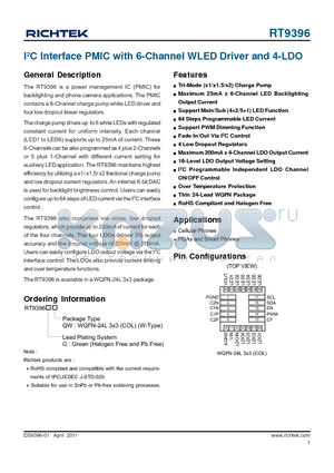 RT9396 datasheet - I2C Interface PMIC with 6-Channel WLED Driver and 4-LDO