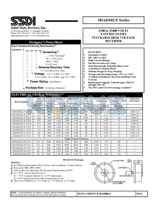 SDAD102C15F datasheet - 2,500 to 15,000 VOLTS FAST RECOVERY STACKABLE HIGH VOLTAGE RECTIFIER