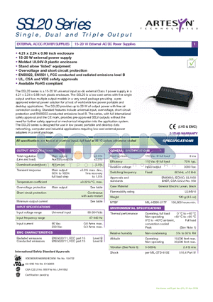 SSL20 datasheet - EXTERNAL AC/DC POWER SUPPLIES 15-20 W External AC/DC Power Supplies