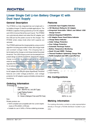 RT9502 datasheet - Linear Single Cell Li-Ion Battery Charger IC with Dual Input Supply