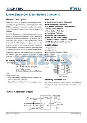 RT9513 datasheet - Linear Single Cell Li-Ion Battery Charger IC