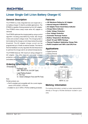 RT9505 datasheet - Linear Single Cell Li-Ion Battery Charger IC