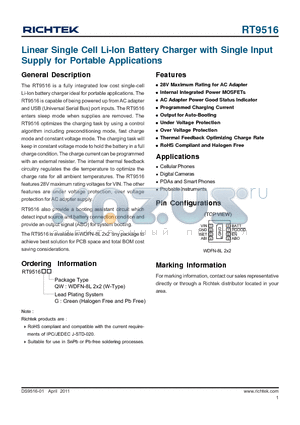 RT9516 datasheet - Linear Single Cell Li-lon Battery Charger with Single Input Supply for Portable Applications