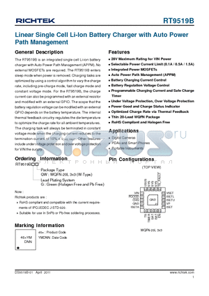 RT9519B datasheet - Linear Single Cell Li-lon Battery Charger with Auto Power Path Management