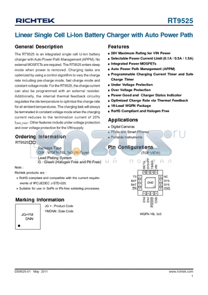 RT9525 datasheet - Linear Single Cell Li-Ion Battery Charger with Auto Power Path