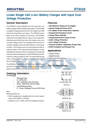 RT9526 datasheet - Linear Single Cell Li-Ion Battery Charger with Input Over Voltage Protection