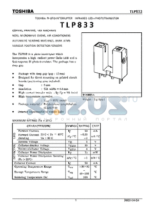 TLP833 datasheet - COPIERS, PRINTERS, FAX MACHINES VCRS, MICROWAVE OVENS, AIR CONDITIONERS