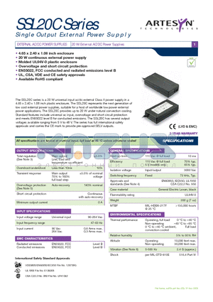 SSL20C-7617J datasheet - EXTERNAL AC/DC POWER SUPPLIES 20 W External AC/DC Power Supplies