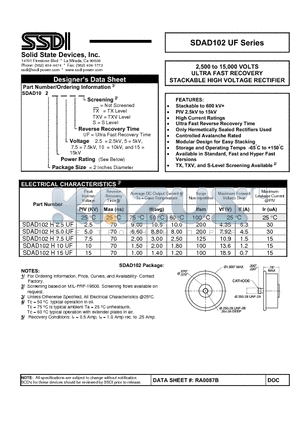 SDAD102H15UF datasheet - ULTRA FAST RECOVERY STACKABLE HIGH VOLTAGE RECTIFIER