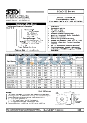 SDAD103B10 datasheet - STANDARD RECOVERY STACKABLE HIGH VOLTAGE RECTIFIER