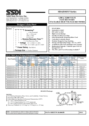 SDAD103 datasheet - 2,500 to 15,000 VOLTS FAST RECOVERY STACKABLE HIGH VOLTAGE RECTIFIER