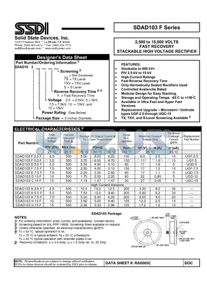 SDAD103D10F datasheet - FAST RECOVERY STACKABLE HIGH VOLTAGE RECTIFIER