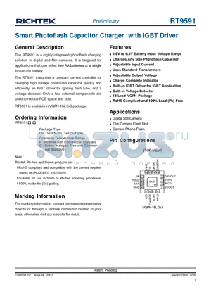 RT9591 datasheet - Smart Photoflash Capacitor Charger with IGBT Driver