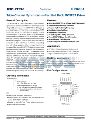 RT9605A datasheet - Triple-Channel Synchronous-Rectified Buck MOSFET Driver