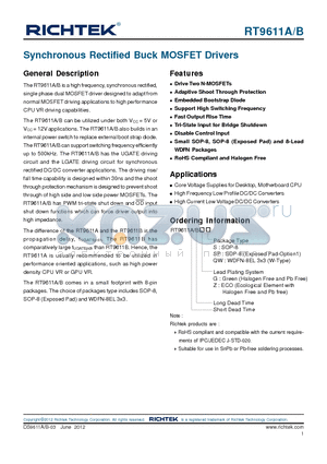 RT9611A datasheet - Synchronous Rectified Buck MOSFET Drivers