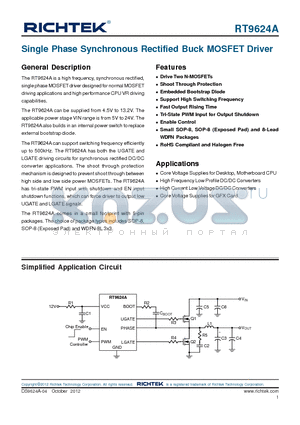 RT9624A datasheet - Single Phase Synchronous Rectified Buck MOSFET Driver