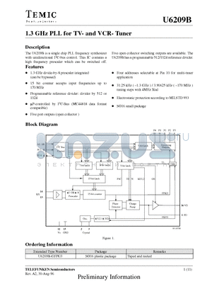 U6209B datasheet - 1.3 GHz PLL for TV- and VCR- Tuner